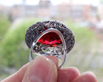 Very large dome earrings women red stone Marcasite SILVER 925