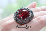 Very large dome earrings women red stone Marcasite SILVER 925