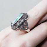 Jewelry ring with green nacreous stone Marcasite jewelry STERLING 925