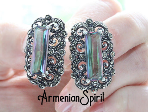 Earrings green nacreous stone Marcasite jewelry STERLING 925