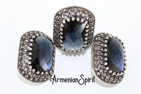 Set silver 925 Big earrings and ring navy blue lab topaz and white zircon stones