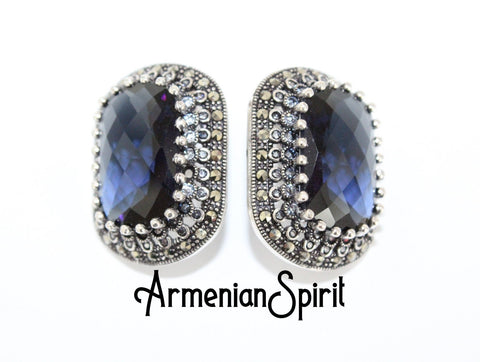 Silver 925 Big earrings with navy blue lab topaz and white zircon