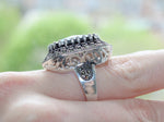 Silver 925 Big Ring with navy blue lab topaz and white zircon stones Rectangle
