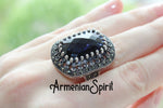 Silver 925 Big Ring with navy blue lab topaz and white zircon stones Rectangle