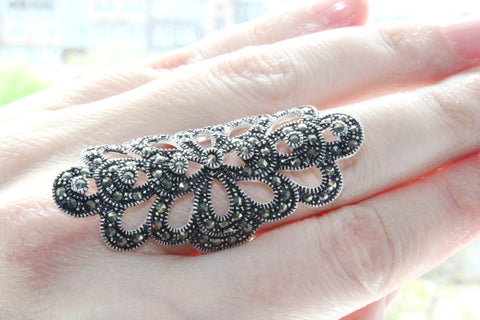 Big ring peacock tail marcasite sterling silver 925