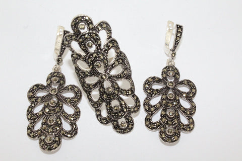 Jewelry SET earrings and full finger cover ring ring peacock tail marcasite