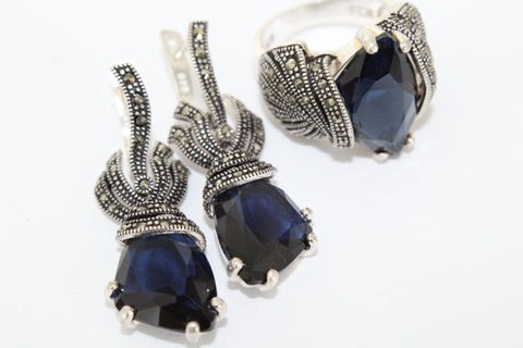 Navy blue topaz set Silver 925 Small dangle earrings and ring marcasite