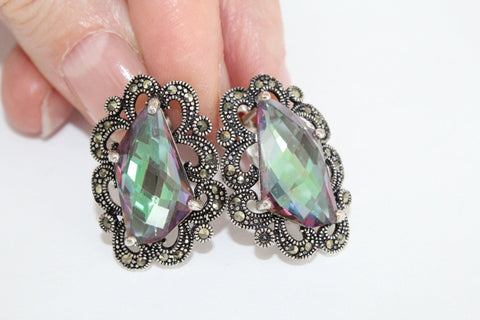 Jewelry Small green earrings Sterling silver 925 nacreous topaz