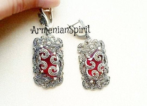 Marcasite earrings Long red lab topaz STERLING silver 925