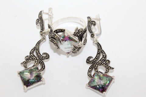 Silver earrings  and ring Pale green nacreous Marcasite STERLING 925