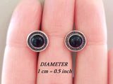 Stud Earrings round tiny silver 925 round with black onyx