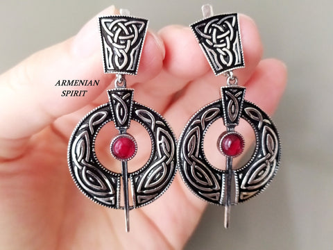 Jewelry Silver 925 EARRINGS round oxidized Black with red garnet stone