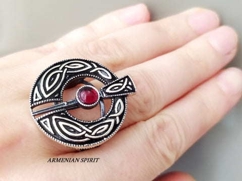 Ring Silver 925 round Oxidized Black with red garnet stone j