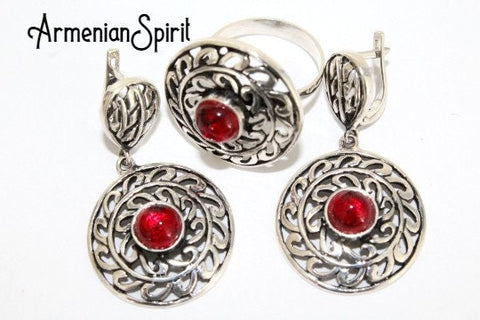 Round Earrings and ring SET Sterling silver 925 with red quartz