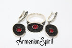 Black Red poppy flower SET Silver 925 Earrings dangle and ring