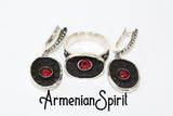 Black Red poppy flower SET Silver 925 Earrings dangle and ring