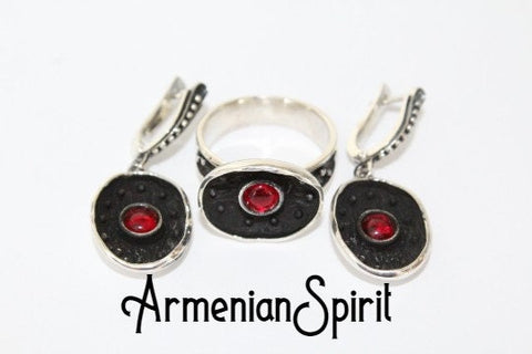 Black Red poppy flower SET Silver 925 Earrings dangle and ring