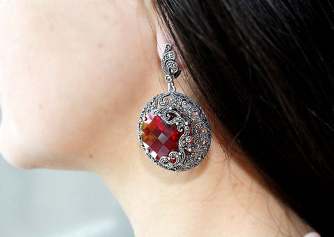Very large dome earrings women red stone Marcasite SILVER 925