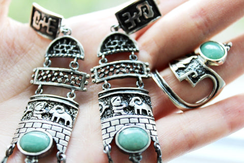 Natural GREEN jade long Earrings and ring STERLING silver 925