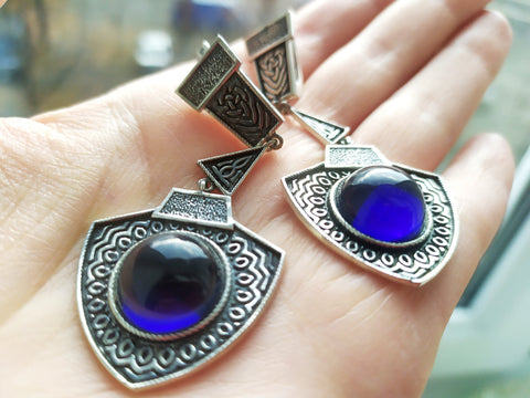 Very long earrings Navy Blue stone  SILVER 925  triangular
