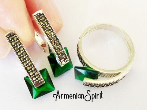 Small earrings and ring green Silver 925 Marcasite jewelry