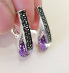 Small earrings Silver 925 with purple  zircon stone Marcasite jewelry