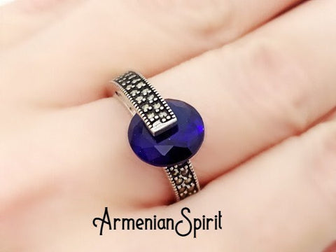 Small ring Silver 925 with navy blue zircon stone Marcasite jewelry
