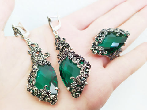 EARRINGS RING Sterling silver 925 marcasite Emerald green