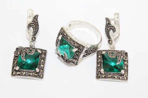 Emerald green stone Earrings ring Marcasite STERLING SILVER 925