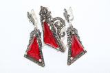 Long big earrings dangles with a bow detail red lab topaz stone Marcasite STERLING 925