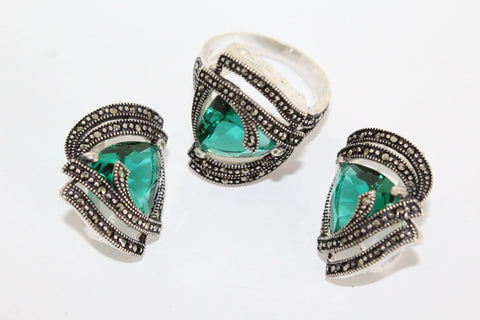 Emerald green stone set Small marcasite earrings and ring Sterling silver 925