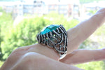 Turquoise teal jewelry set Silver ring and Earrings Large Rough big Round jewellery