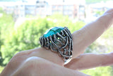 Turquoise teal jewelry set Silver ring and Earrings Large Rough big Round jewellery