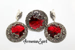 Very large dome earrings women red stone Marcasite SILVER 925
