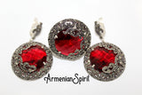 Very large dome earrings women red stone Marcasite SILVER 925