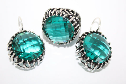 Turquoise teal jewelry set Silver ring and Earrings Large Rough big Round jewellery