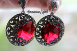 Very large dome earrings women red stone Marcasite SILVER 925