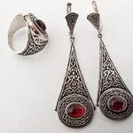 Silver  jewelry SET Earrings Garnet stone long dangly and Ring