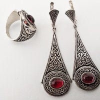 Silver  jewelry SET Earrings Garnet stone long dangly and Ring