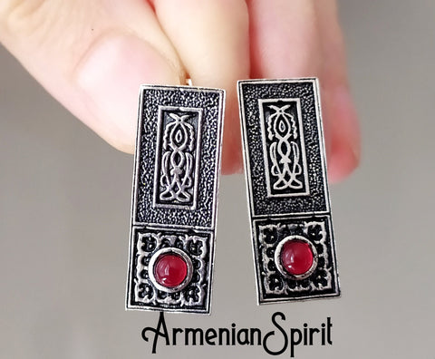 Earrings SILVER 925 lab garnet red Boho pattern jewelry