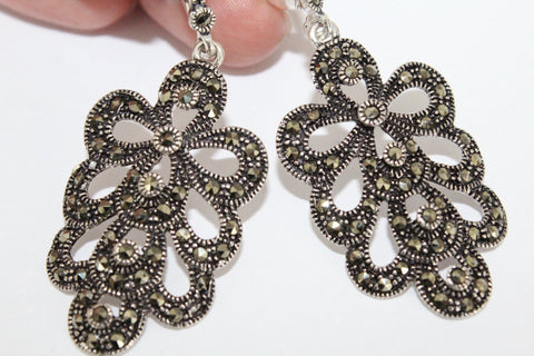 Big earrings peacock tail marcasite High quality sterling silver 925