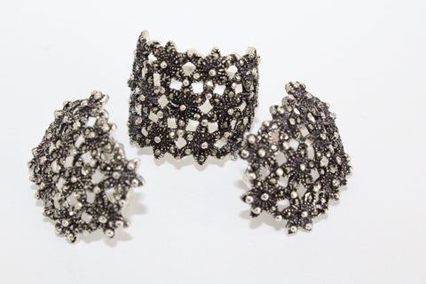 Armenian jewelry SET earrings dangle and finger cover ring floral marcasite