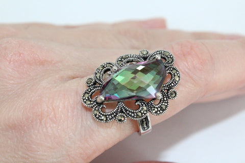 Small green ring nacreous topaz Armenian jewelry sterling silver 925