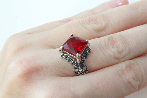 Jewelry ring red lab topaz stone Marcasite STERLING silver 925