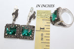 Emerald green stone Earrings ring Marcasite STERLING SILVER 925