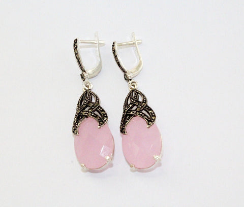 Dangle earrings silver Pale pink topaz stone Marcasite