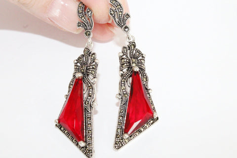 Long big earrings dangles with a bow detail red lab topaz stone Marcasite STERLING 925