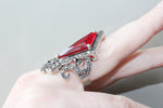Silver big ring with a bow detail red lab topaz stone Marcasite