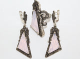 Very long earrings bow pink lab topaz stone Marcasite Sterling 925