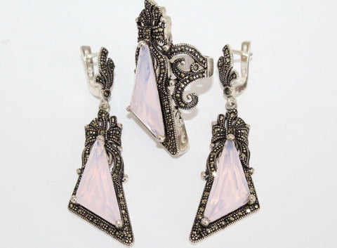 Silver Jewelry set earrings ring bow pink lab topaz Marcasite STERLING 925